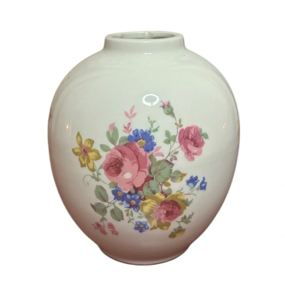 Vintage Flower Vase ANJOU Cottage Pink Rose Mauve Blue Ivory Cream Floral Decor